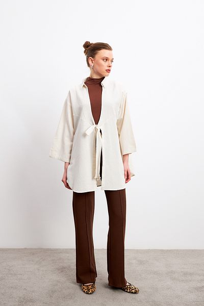 Yefrastore Ecru Flam Linen Kimono Shirt