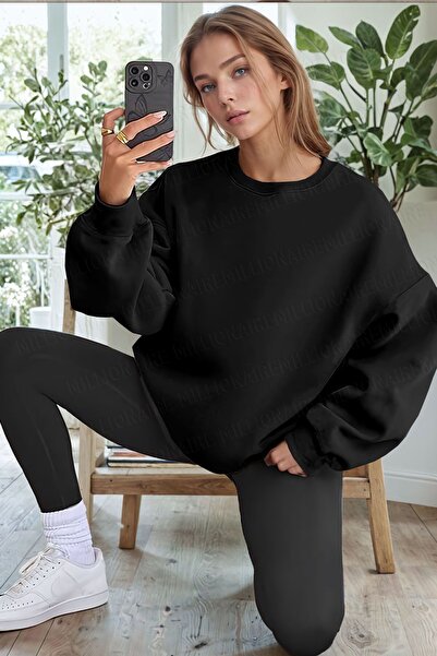 HOFFNUNG Unisex Black Basic 0 Crew Neck Unprinted Plain Oversize Loose Loose Fit Fleece Sweatshirt