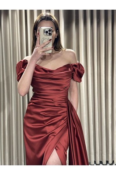 Kaleiçi Yıldızlar Draped and Slit Boat Neck Fishnet Evening Dress - En4858