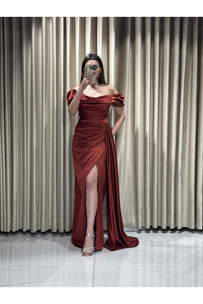 Kaleiçi Yıldızlar Draped and Slit Boat Neck Fishnet Evening Dress - En4858