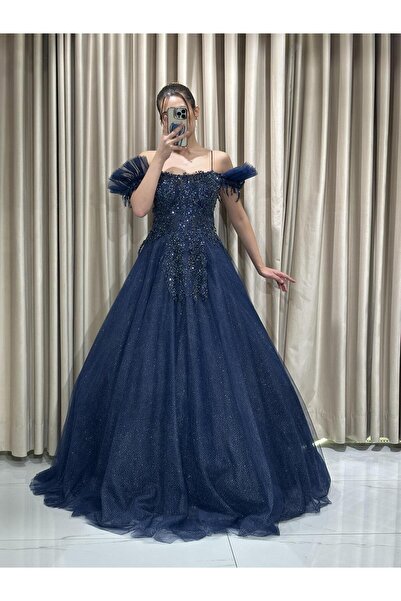 Kaleiçi Yıldızlar Lacivert Önü Taş İşlemeli Prenses Tül Arkası Bağlama Abiye Elbise VS4007