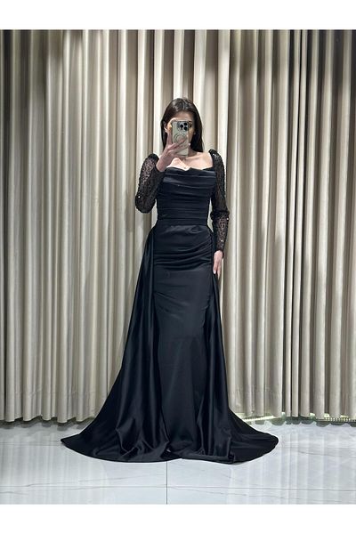 Kaleiçi Yıldızlar Rochie de seară cu mânecă lungă, brodata cu paiete negre, detaliată, 8140