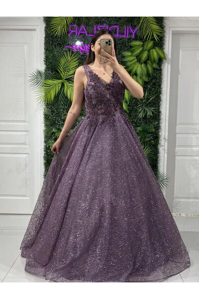 Kaleiçi Yıldızlar Lavanta Simli Taşlı Helen Kesim Abiye Elbise |