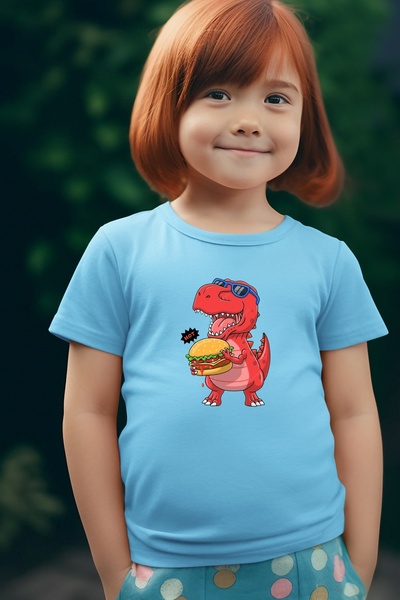 oneagılyazı تي شيرت كبير الحجم للأطفال مطبوع عليه همبرغر يأكل ديناصور