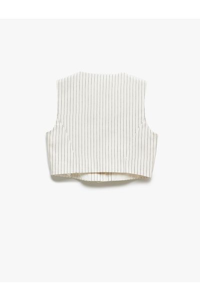 Koton Cotton Buttoned V Neck Sleeveless Striped Crop Blazer Vest