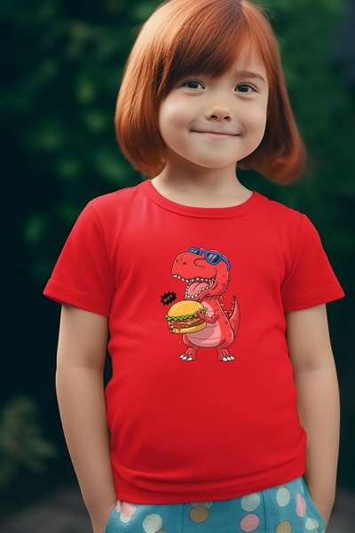oneagılyazı تي شيرت كبير الحجم للأطفال مطبوع عليه همبرغر يأكل ديناصور