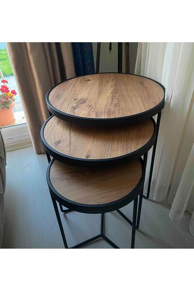 Yulu Mayıs Metal Ahşap 3'lü Siyah Zigon Sehpa