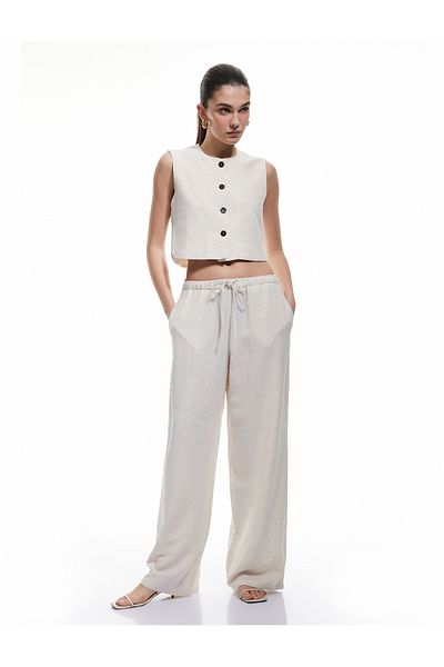 Koton Tie Waist Viscose Linen Blended High Waist Loose Wide Leg Trousers