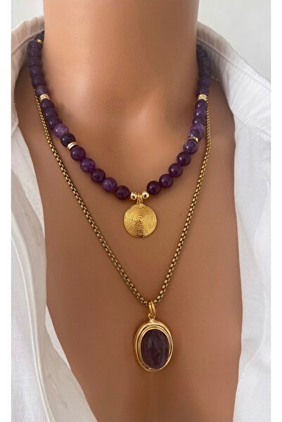 TARZ-I TAKI ( 2 KOLYE ) ÇELİK ve DOĞAL TAŞ Mor Ametist Taşı Çelik Zincir Altın Kaplama Çerçeveli Uç Kadın Kolye