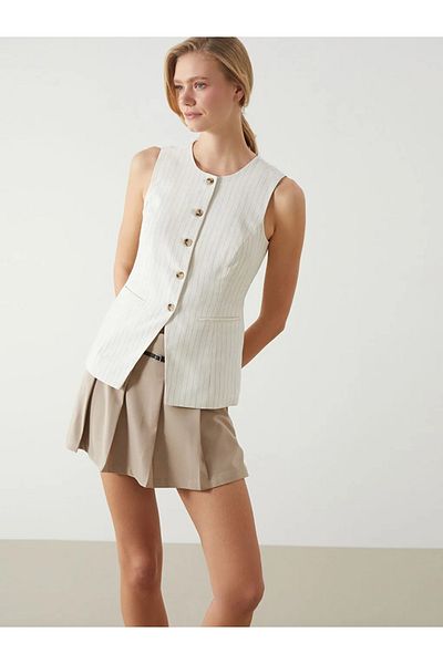 LC Waikiki Beige Crew Neck Striped Linen Blended Women's Classic Vest
