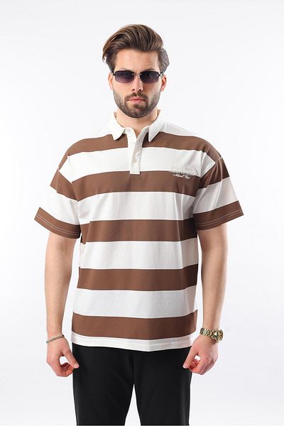 Madmext Μπλουζάκι με γιακά πόλο καφέ Oversize Color Block E7120