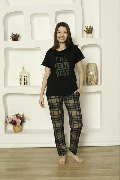 Pijamoni Single Jersey under Fabric Plaid Print Short Sleeve Women's Pajamas Set-6610