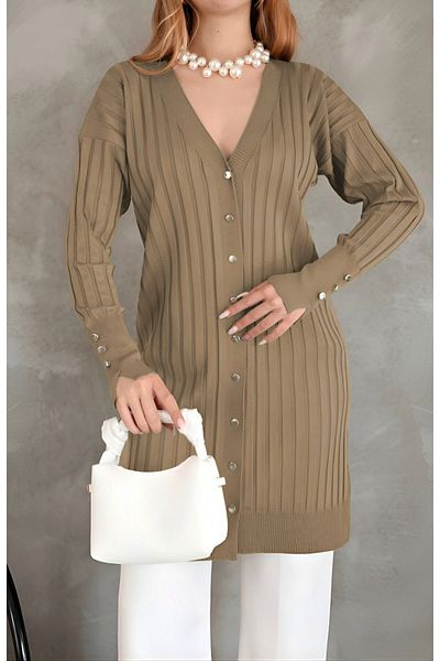 Modamorfo Metal Buttoned Slit Knitwear Cardigan -Mink
