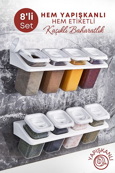 GRİMOR Life 400 ml White Square Set - 8 Pieces with Labels, Stand, Lock and Adhesive