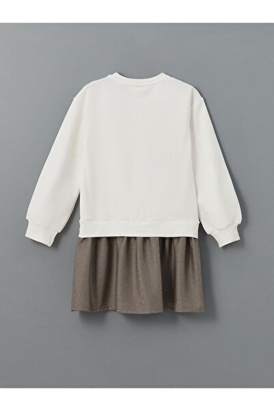 LC Waikiki LCW Kids Ekru Bisiklet Yaka New York Baskılı Kız Çocuk Elbise