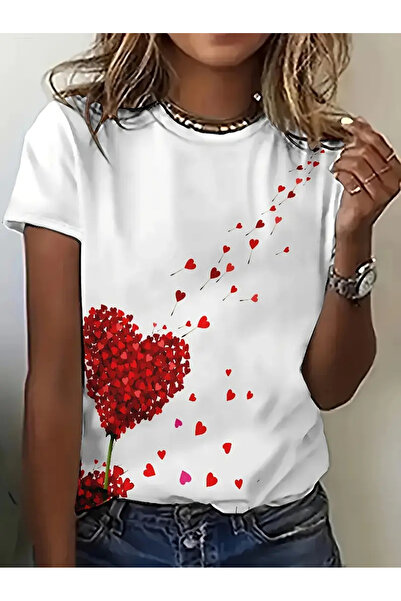 PENTHİLUS Μόδα γυναικεία μπλούζα με στάμπα καρδιάς 3D - Μικτή, στρογγυλή λαιμ...