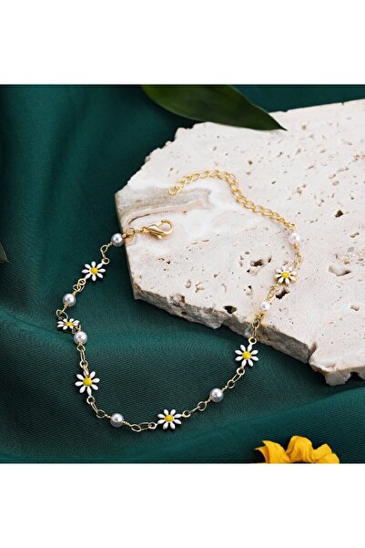 Tesbihane Gold Renk Metal Zincirli İnci Süslemeli Kır Çiçeği Detaylı Kadın Bileklik