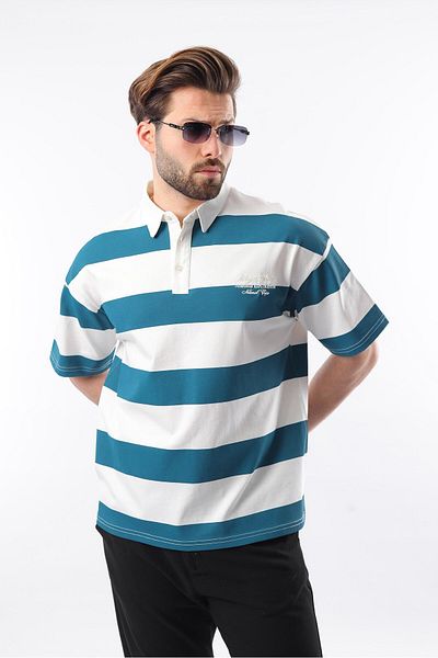 Madmext Benzínově modré oversize barevné tričko Polo s výstřihem E7120