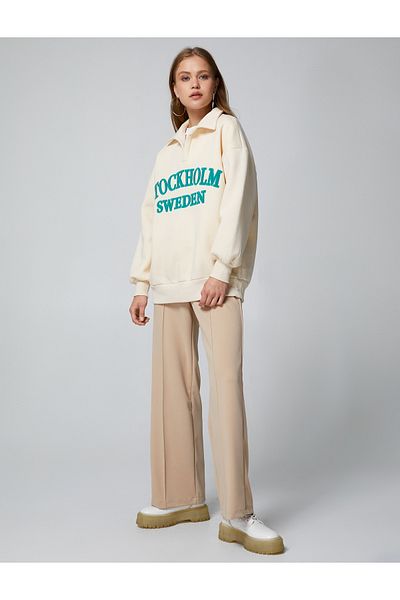 Koton Polo Neck Embroidered Oversize Sweatshirt - Ribbed, Long Sleeve