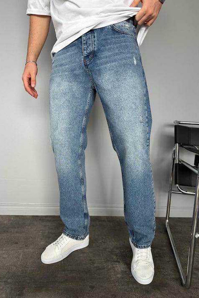 BDRMAN Baggy Koyu Mavi Eskitme Yırtık Detaylı Kot Pantolon