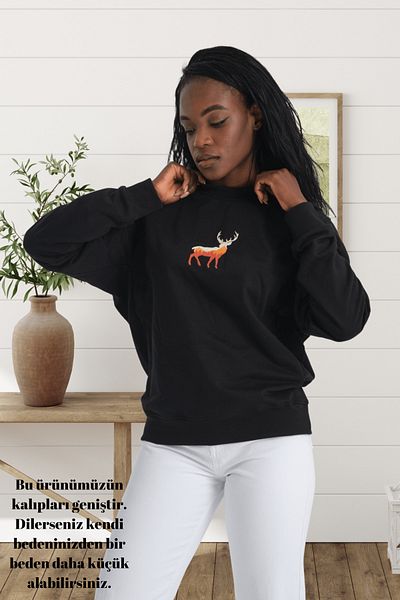 Jimback Wild Deer Women's Round Neck Embroidered Black Semi Oversize Sweatshirt