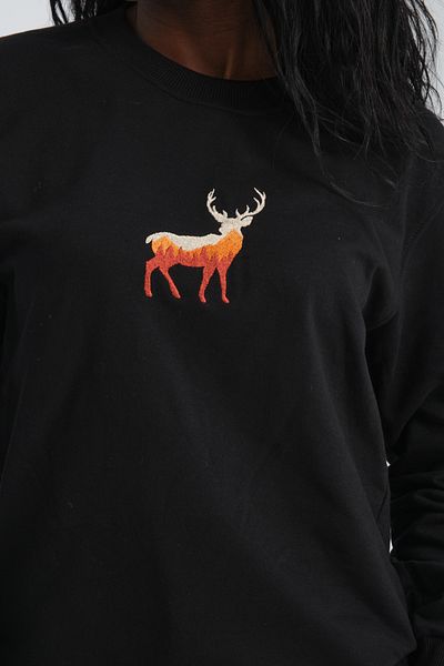 Jimback Wild Deer Women's Round Neck Embroidered Black Semi Oversize Sweatshirt