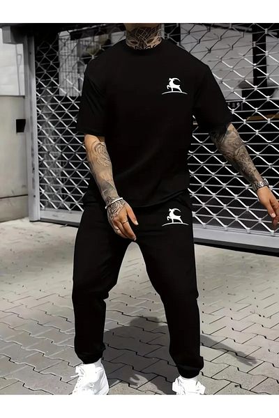 DAXİS Sportwear Company Men's Printed Tracksuit Set T-Shirt Jogger Sweatpants - Bottom Top Set