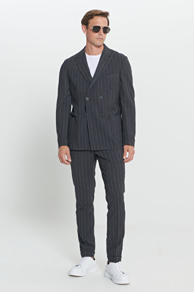 ALTINYILDIZ CLASSICS Men's Anthracite Slim Fit Slim Fit Swallow Collar Seersucker Print Woolen Suit