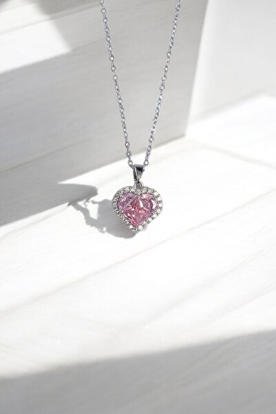 staınless steel قلادة على شكل قلب وردي من حجر الزركون الصلب