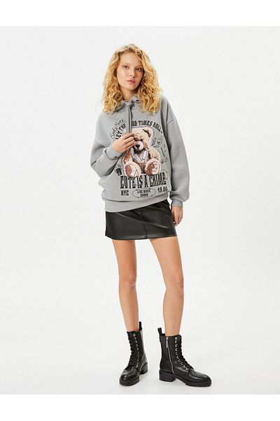 Koton Hooded Sweatshirt Teddy Bear Printed Comfortable Fit Long Sleeve Cotton