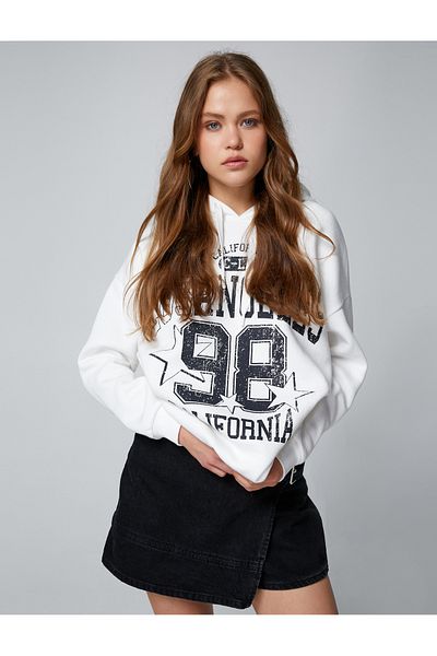 Koton Oversize Hooded Sweatshirt - College Raster, Printed, Long Sleeve