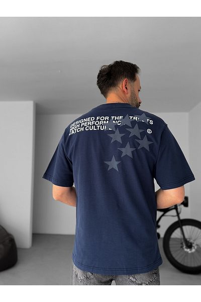 BYBASICMAN Navy Blue Star C Printed Oversize T-Shirt C-058