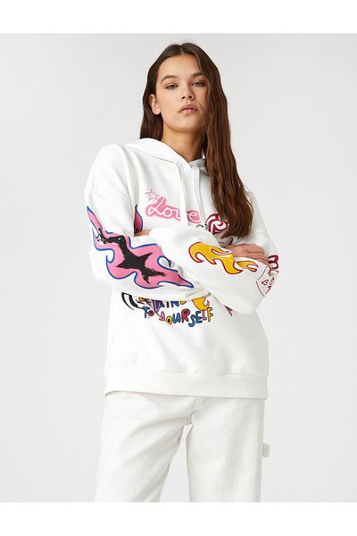 Koton Graffiti Printed Long Sleeve Hooded Raster Sweatshirt