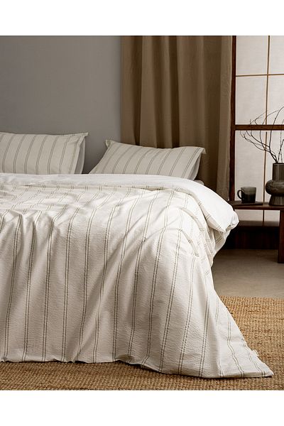 Madame Coco Linda Striped Double 100% Cotton Seersucker Duvet Cover Set - White/Khaki