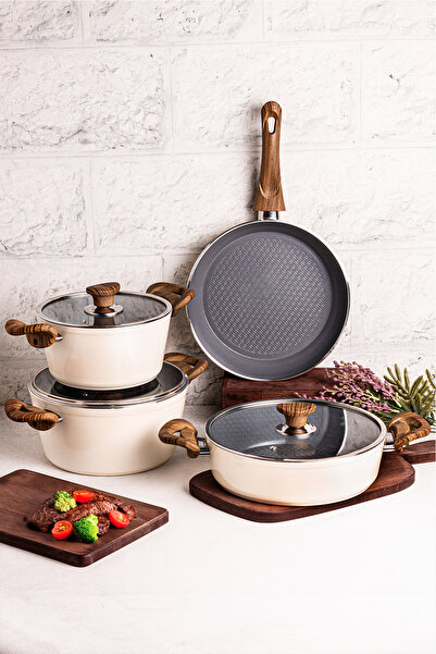 WEYNE مانجو كيتشن أكوا كريستال - طقم أواني طهي جرانيت كريم ماستر كوك مكون من 7 قطع