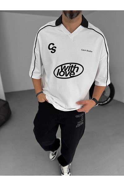 BYBASICMAN Love Printed Oversize T-Shirt with White Collar C-054