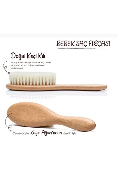 fikirstore Isme Özel %100 Gerçek Keçi Kılı Doğal Yumuşacık Bebek Saç Fırçası Ve Doğal Ahşap Tarak Seti