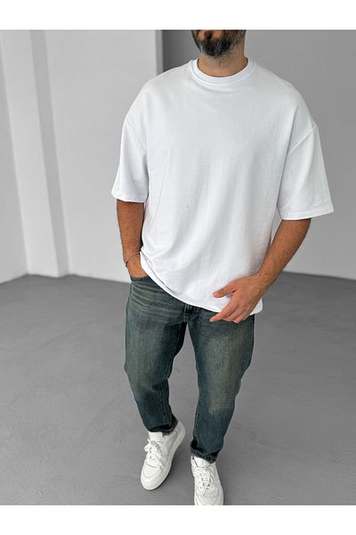 BYBASICMAN تي شيرت أبيض عادي بخيطين أساسيين BY-060