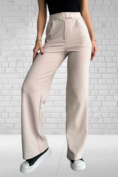 NO979 Women's Beige High Waist Crepe Fabric Lycra Relaxed Fit Double Button Palazzo Pants