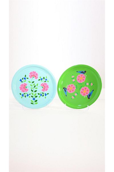 DEDEMİN EMAYELERİ 33 Cm Blue Flower Patterned Hand Painted Tray