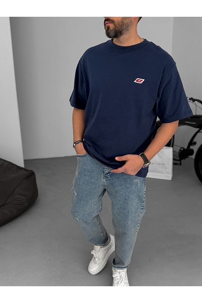 BYBASICMAN Navy Blue C Embroidered Oversize T-Shirt C-062