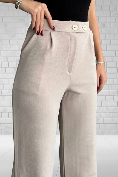 NO979 Women's Beige High Waist Crepe Fabric Lycra Relaxed Fit Double Button Palazzo Pants