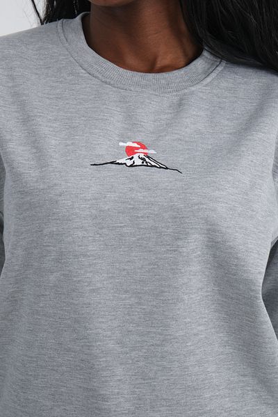 Jimback Mount Fuji Women's Round Neck Embroidered Gray Semi Oversize Sweatshirt