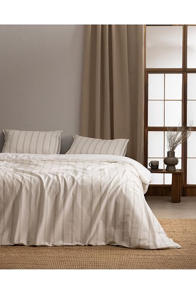 Madame Coco Linda Striped Double 100% Cotton Seersucker Duvet Cover Set - White/Khaki