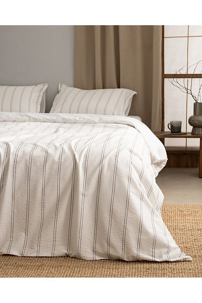 Madame Coco Linda Striped 100% Cotton Washed Seersucker Duvet Cover Set - White/Anthracite