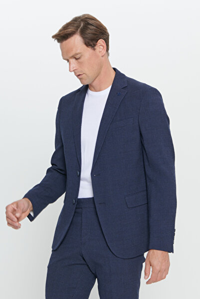 ALTINYILDIZ CLASSICS Men's Navy Blue Slim Fit Slim Fit Mono Collar Seersucker Patterned Wool Suit