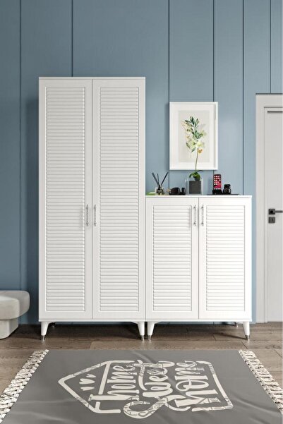 mapahomeliving Panjurlu Metal Kulp Ask4190 Ayakkabılık Portmanto Vestiyer Beyaz Gümüş