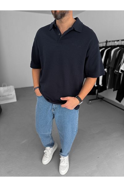 BYBASICMAN Navy Blue Forget Embroidered Polo Neck Oversize T-Shirt Pm-006