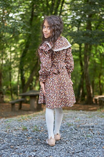 KÜÇÜĞÜM BUTİK Vintage γιακά μακρυμάνικο καφέ λουλουδάτο φόρεμα για κορίτσια