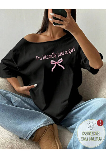 MANCY Plus Size Boat Neck Just a Girl Printed Oversize 100% Cotton T-Shirt